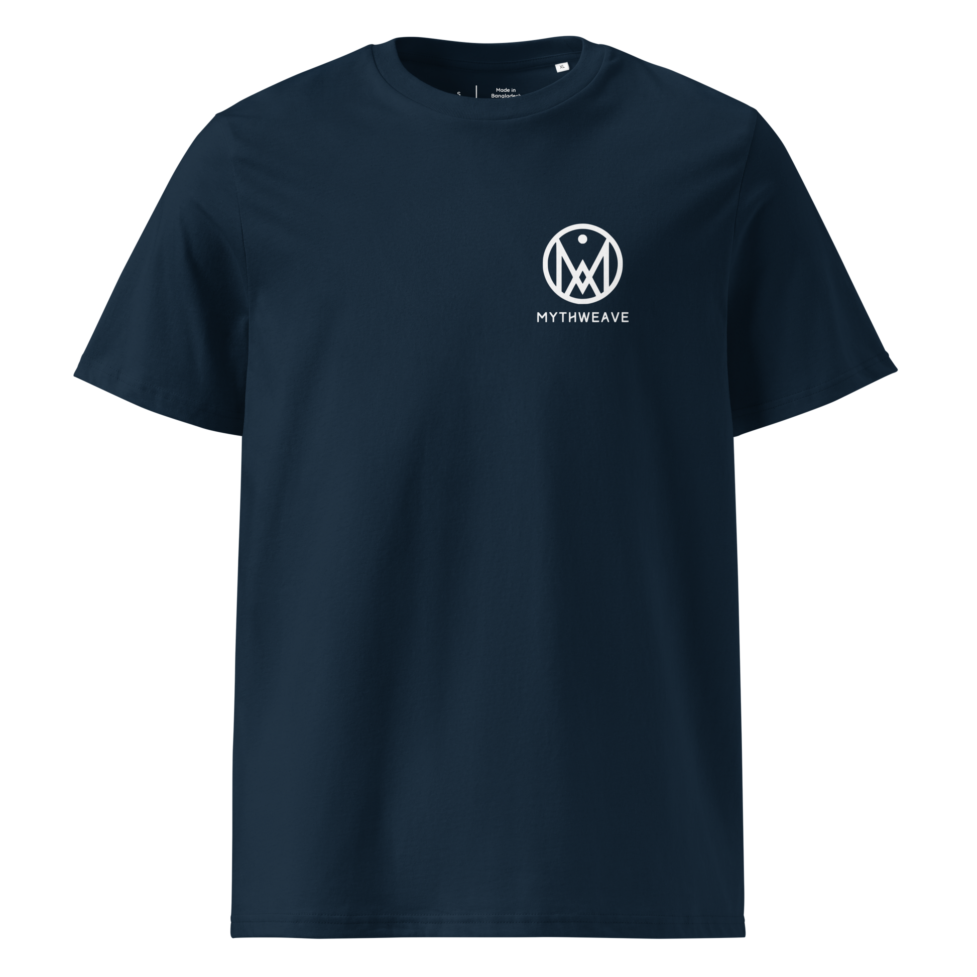 T-shirt homme en coton bio couleur bleu foncé avec logo MythWeave, à plat de face