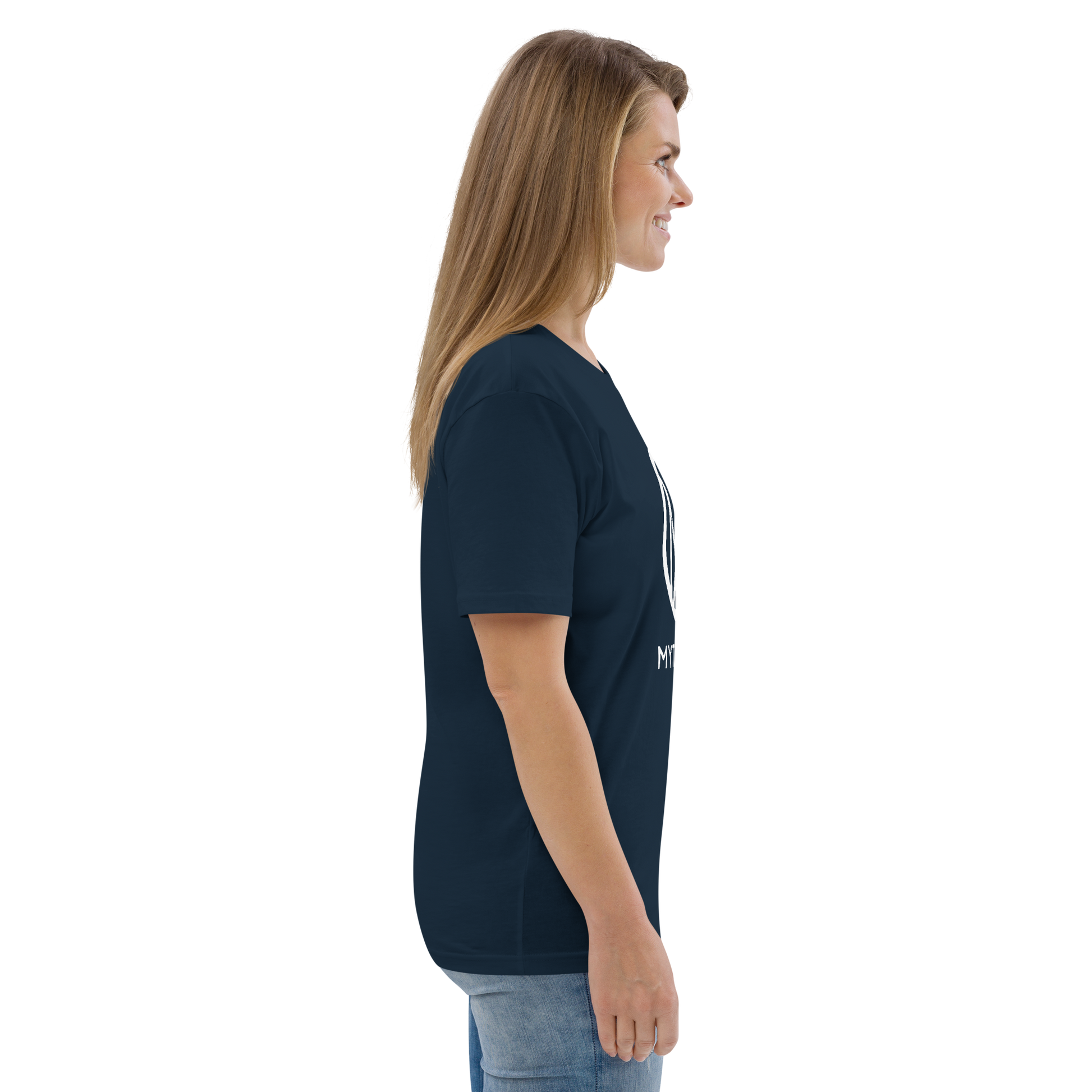 T-shirt unisexe en coton bio couleur bleu avec logo MythWeave porté par un mannequin de profil