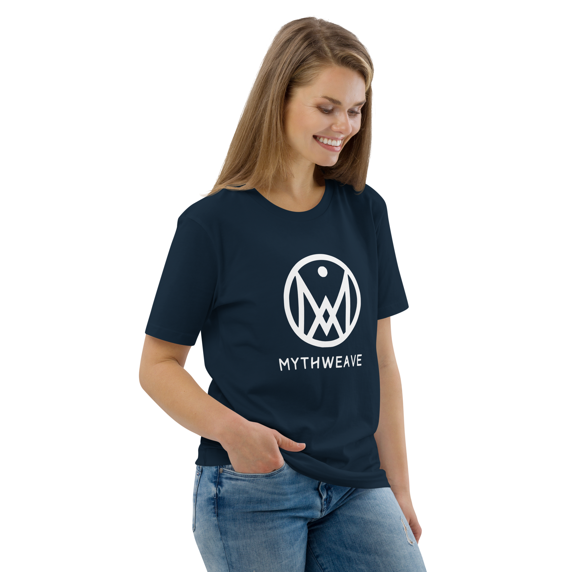 T-shirt unisexe en coton bio couleur bleu avec logo MythWeave porté par un mannequin de face