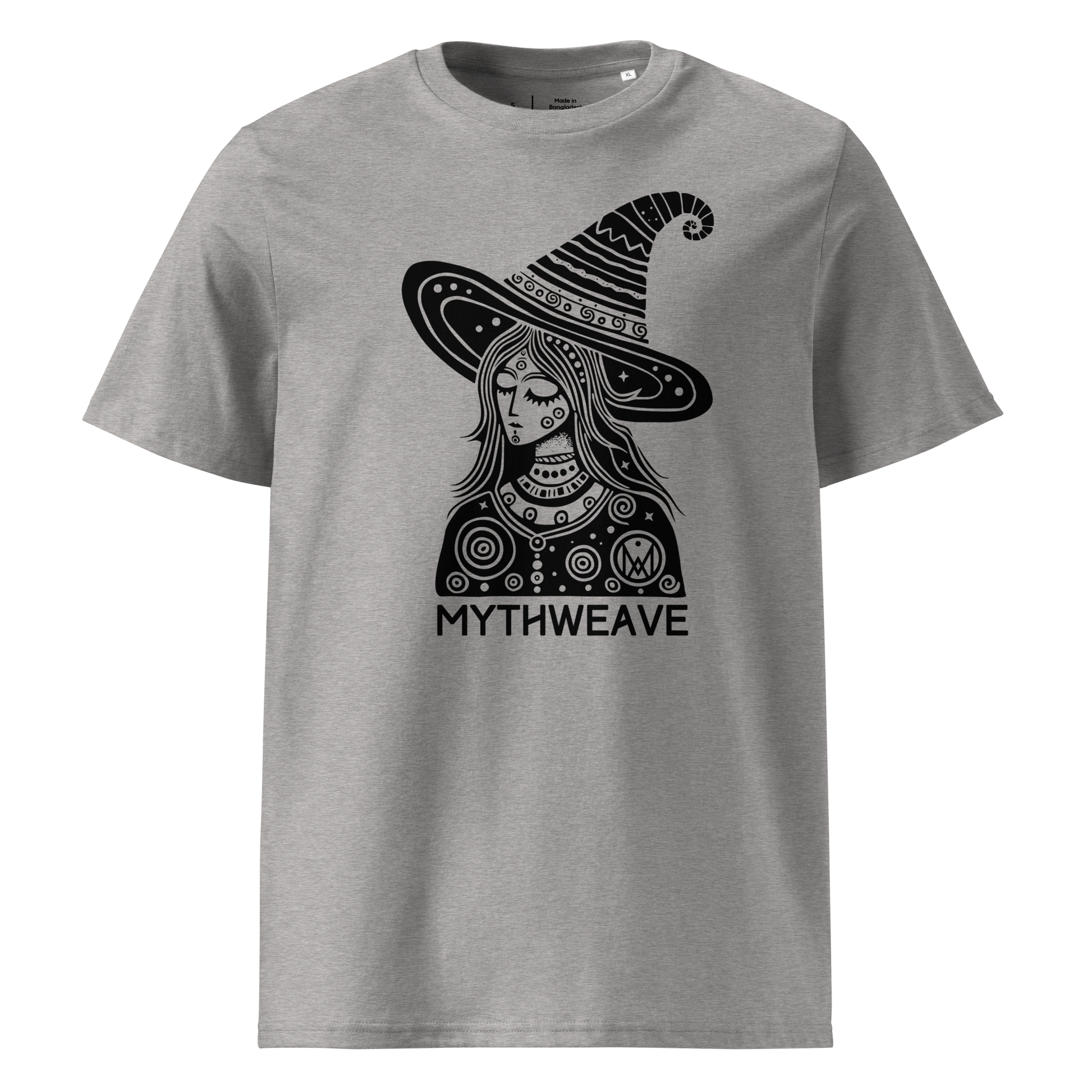 T-shirt homme en coton bio couleur gris avec sorcière wicca rêveuse et logo MythWeave à plat de face