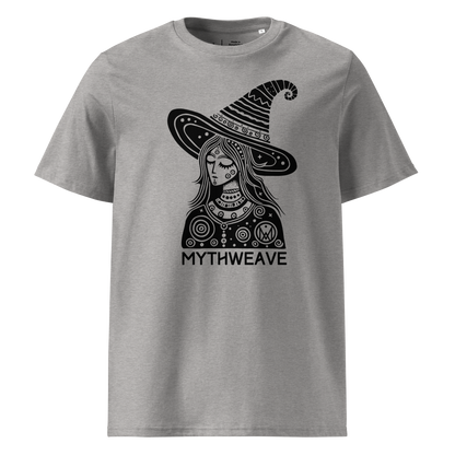 T-shirt homme en coton bio couleur gris avec sorcière wicca rêveuse et logo MythWeave à plat de face