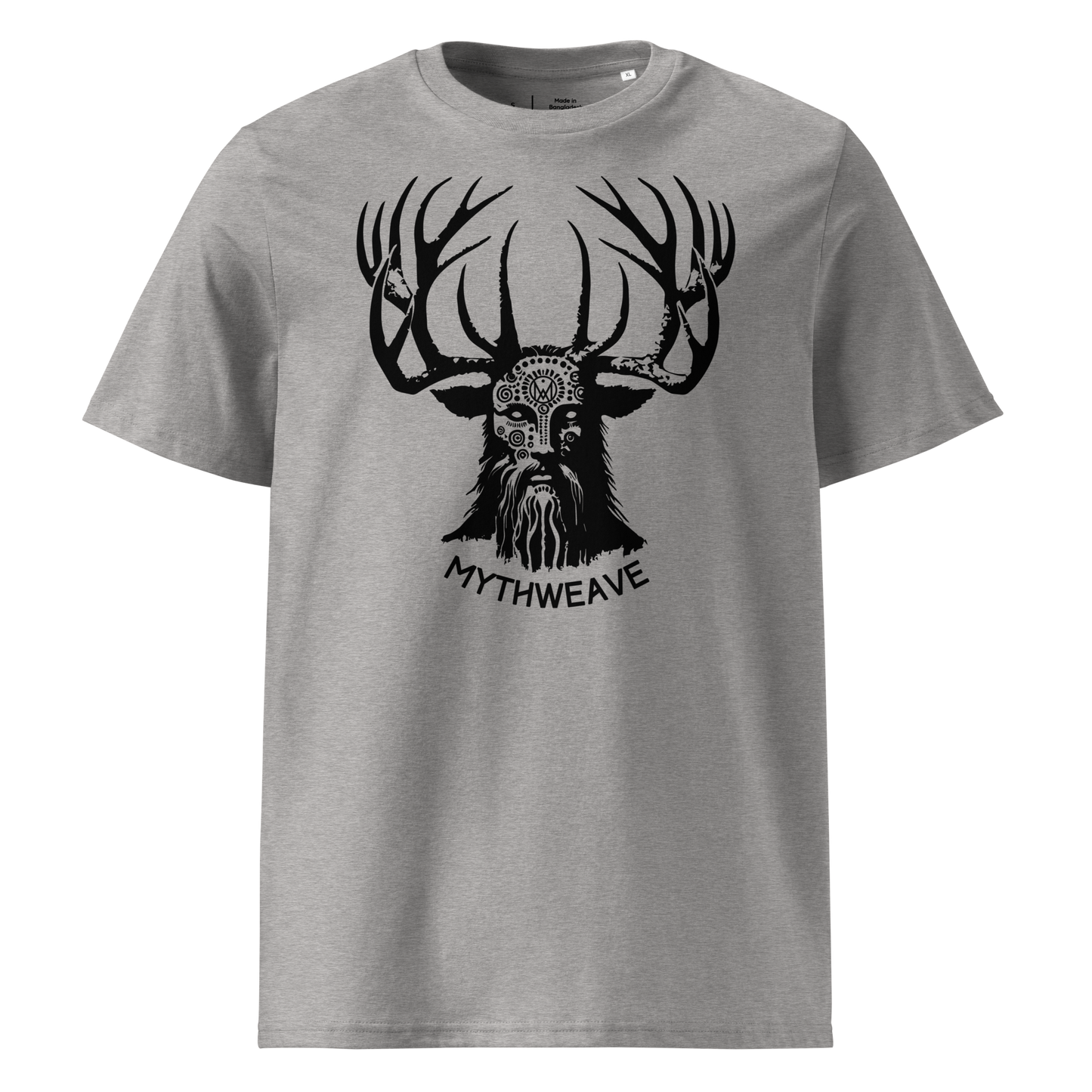 T-shirt homme en coton bio couleur gris avec Dieu Cornu Cernunnos et logo MythWeave à plat de face