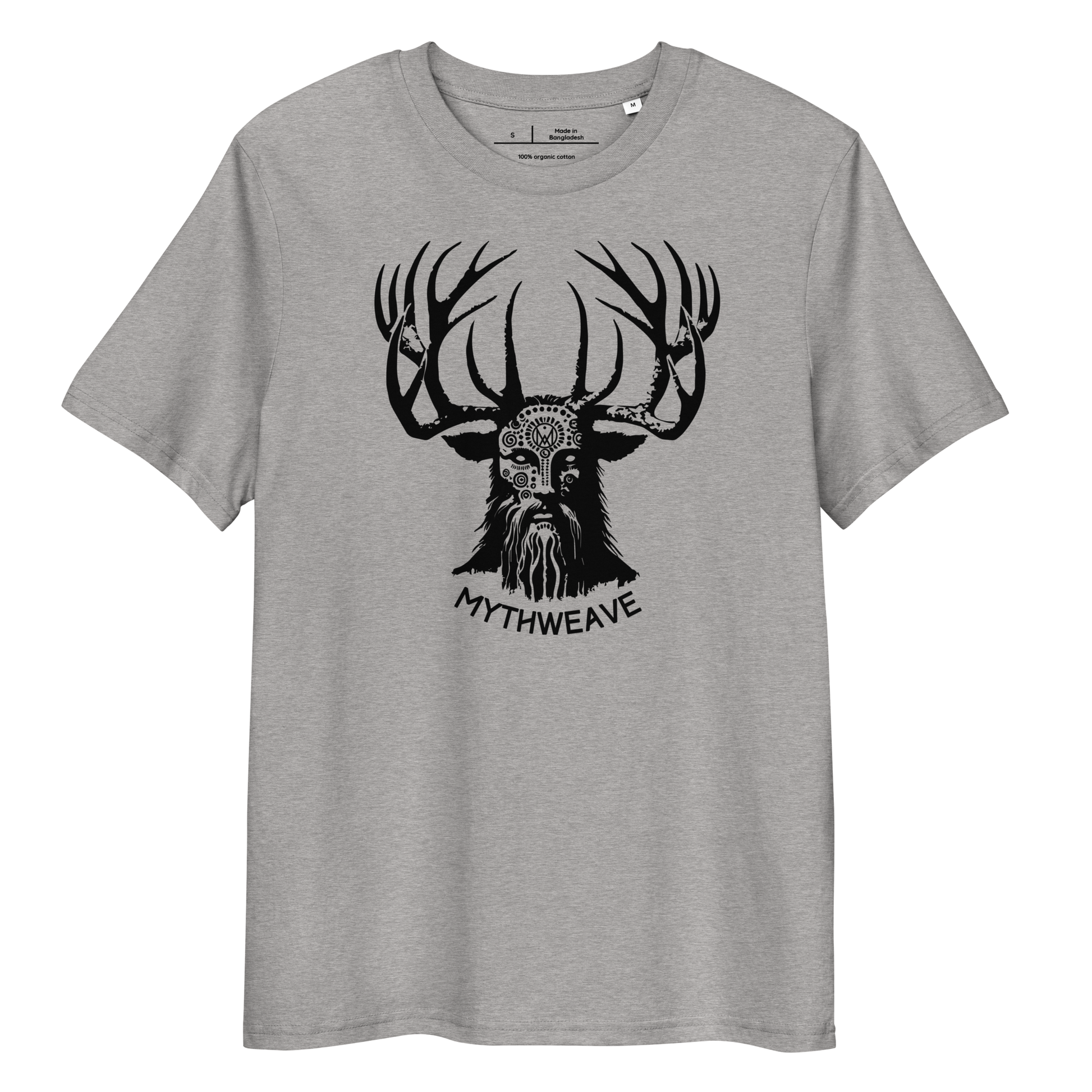 T-shirt unisexe en coton bio couleur gris avec Dieu Cornu Cernunnos et logo MythWeave à plat de face