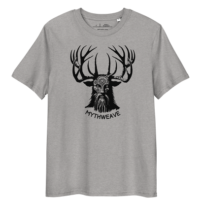 T-shirt unisexe en coton bio couleur gris avec Dieu Cornu Cernunnos et logo MythWeave à plat de face