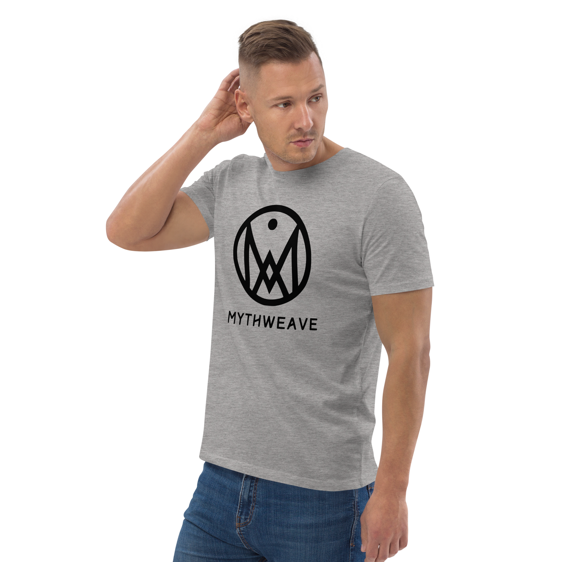 T-shirt homme en coton bio couleur gris avec logo MythWeave porté par un mannequin de face