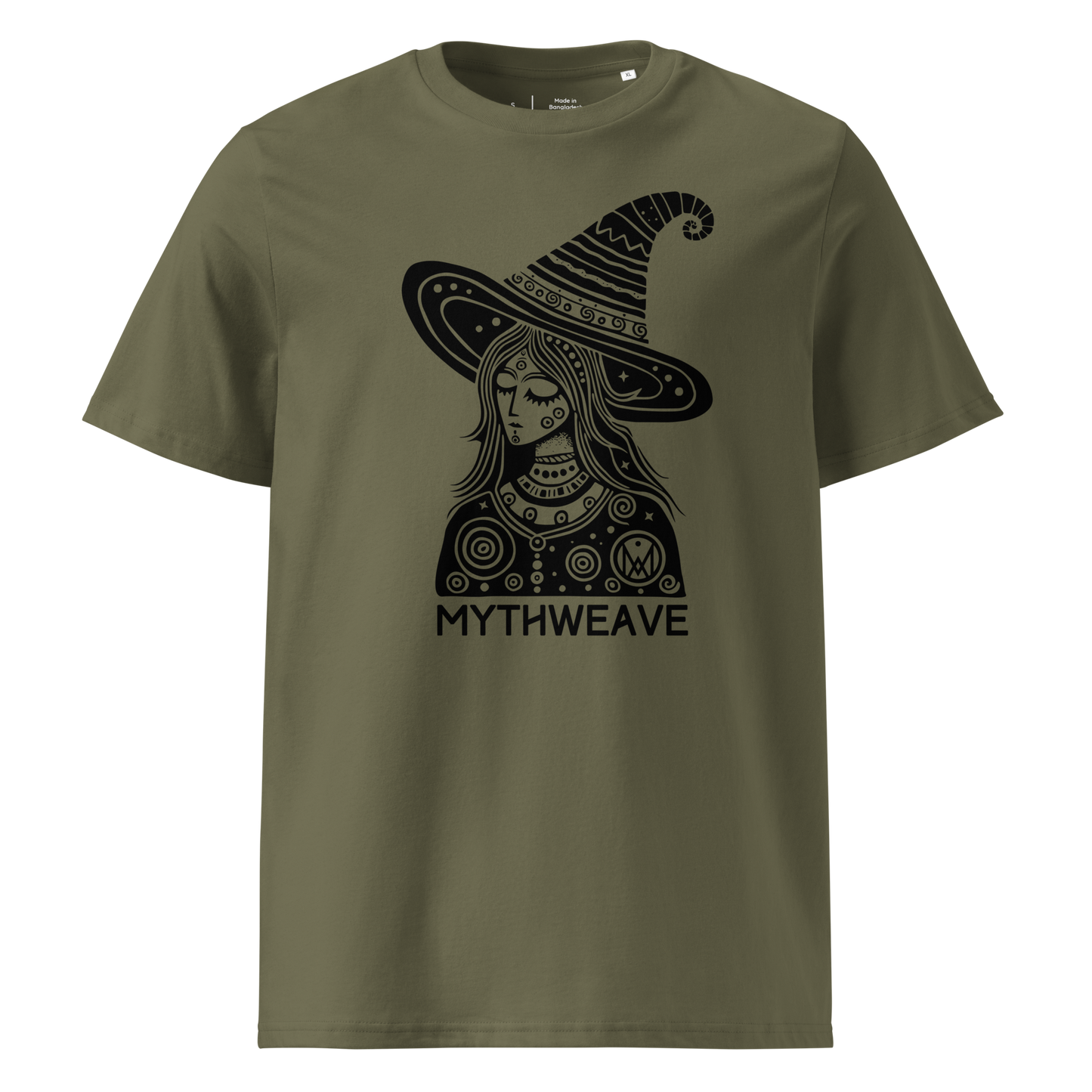 T-shirt homme en coton bio couleur vert avec sorcière wicca rêveuse et logo MythWeave à plat de face