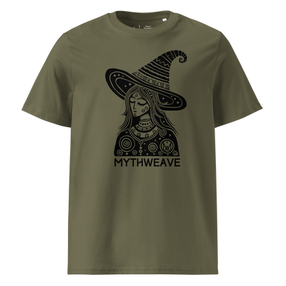 T-shirt homme en coton bio couleur vert avec sorcière wicca rêveuse et logo MythWeave à plat de face