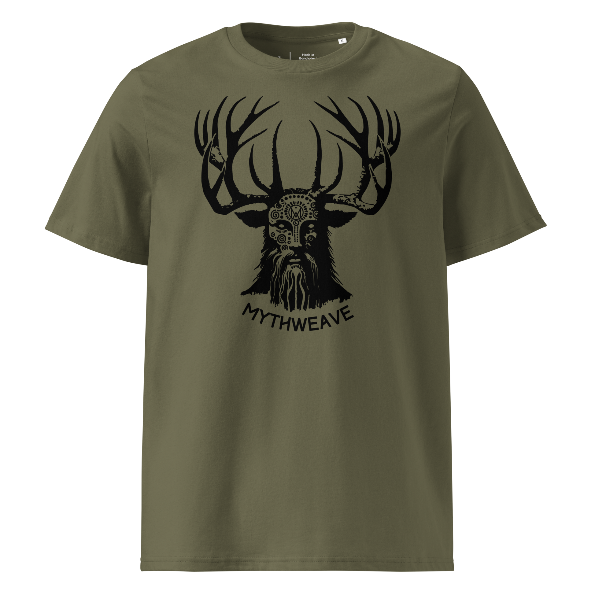 T-shirt homme en coton bio couleur vert avec Dieu Cornu Cernunnos et logo MythWeave à plat de face