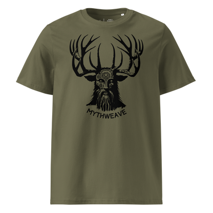 T-shirt homme en coton bio couleur vert avec Dieu Cornu Cernunnos et logo MythWeave à plat de face