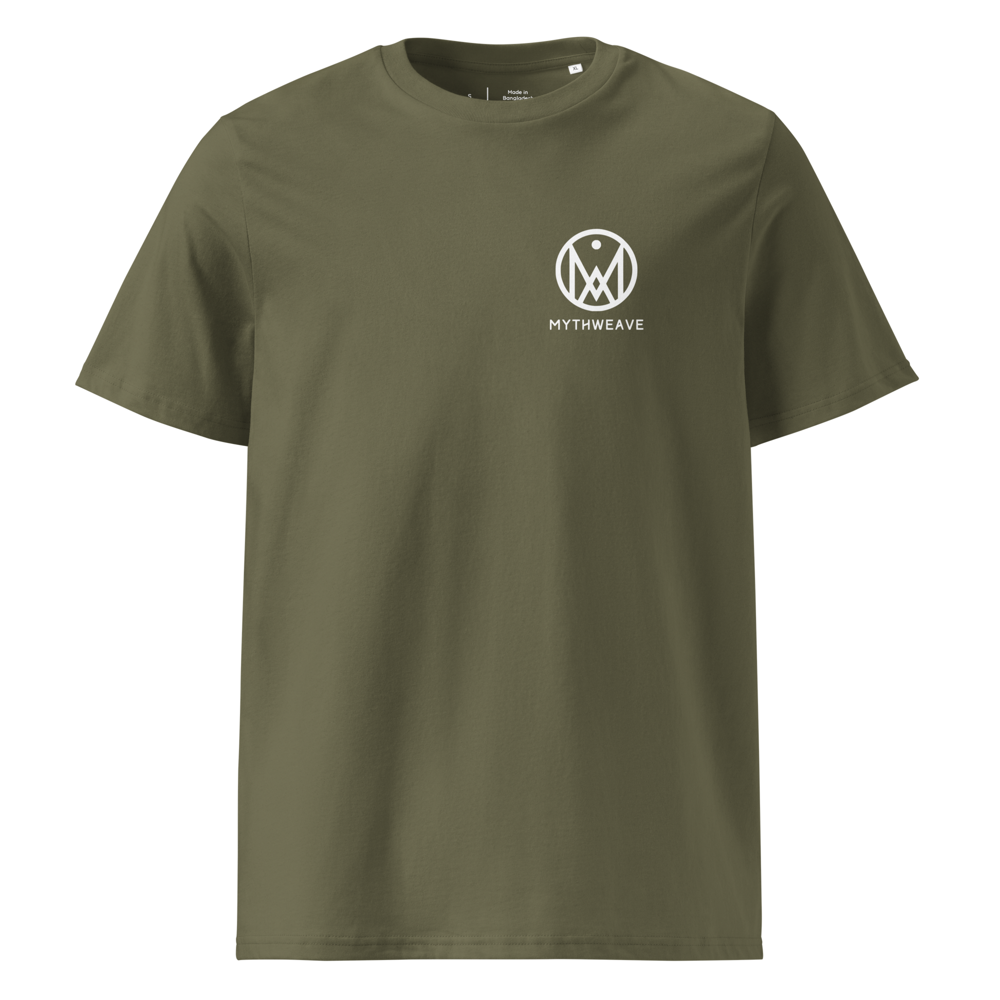 T-shirt homme en coton bio couleur vert avec logo MythWeave, à plat de face