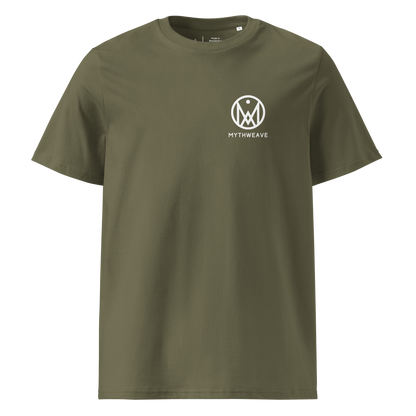 T-shirt homme en coton bio couleur vert avec logo MythWeave, à plat de face