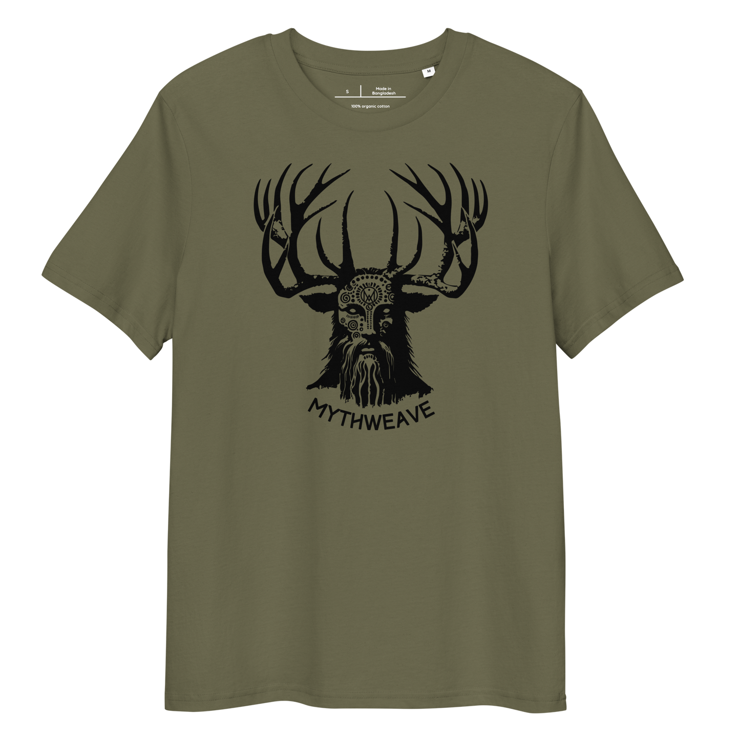 T-shirt unisexe en coton bio couleur vert avec Dieu Cornu Cernunnos et logo MythWeave à plat de face