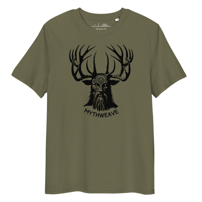 T-shirt unisexe en coton bio couleur vert avec Dieu Cornu Cernunnos et logo MythWeave à plat de face