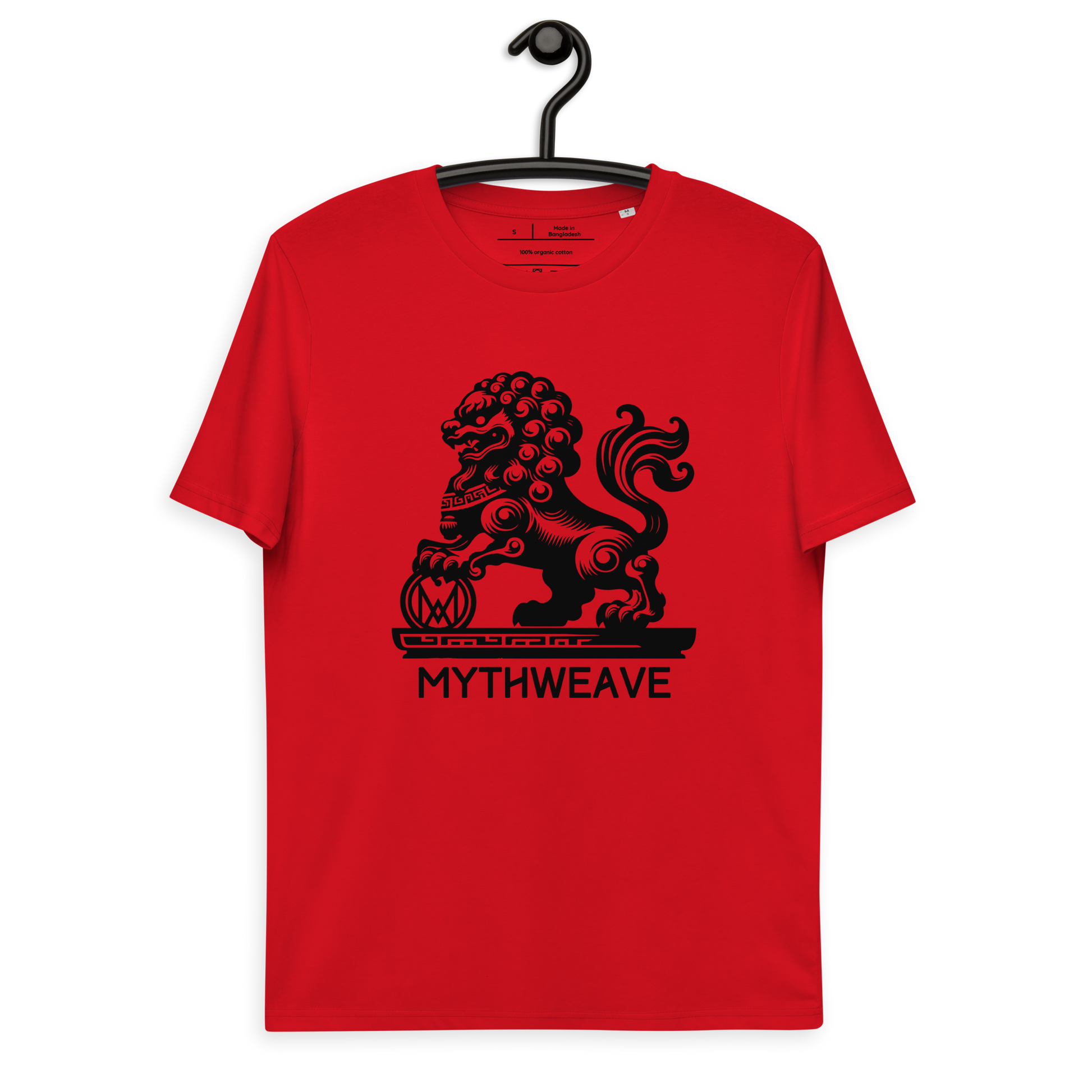 T-shirt homme en coton bio couleur rouge avec Gardien Chien-Lion mythologie chinoise MythWeave à plat de face 2