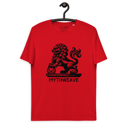 T-shirt homme en coton bio couleur rouge avec Gardien Chien-Lion mythologie chinoise MythWeave à plat de face 2