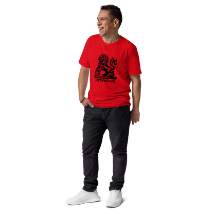 T-shirt homme en coton bio couleur rouge avec Gardien Chien-Lion mythologie chinoise MythWeave porté par un mannequin de face