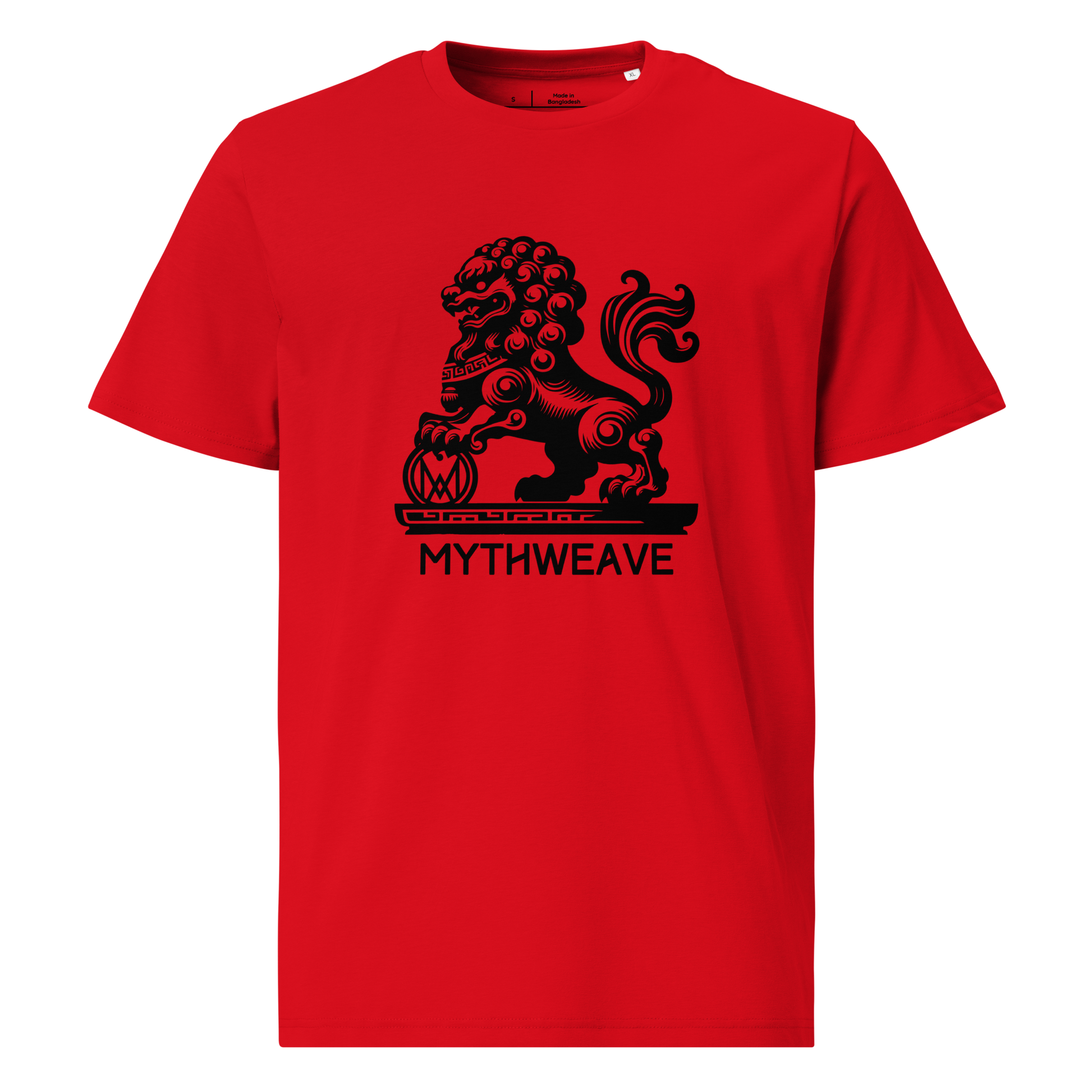  T-shirt homme en coton bio couleur rouge avec Gardien Chien-Lion mythologie chinoise MythWeave à plat de face