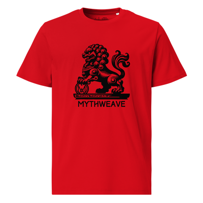  T-shirt homme en coton bio couleur rouge avec Gardien Chien-Lion mythologie chinoise MythWeave à plat de face