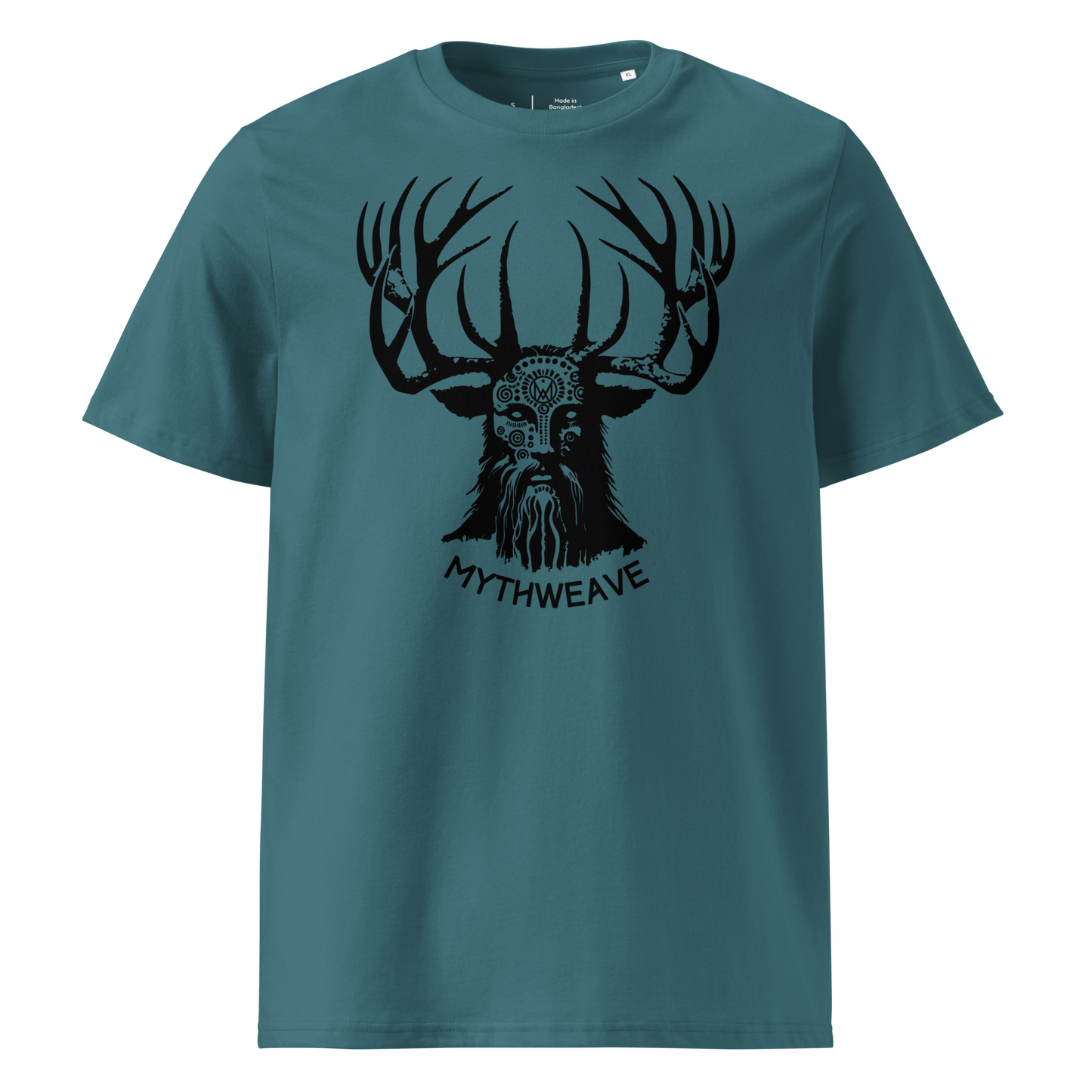 T-shirt homme en coton bio couleur bleu avec Dieu Cornu Cernunnos et logo MythWeave à plat de face