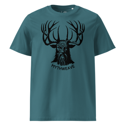 T-shirt homme en coton bio couleur bleu avec Dieu Cornu Cernunnos et logo MythWeave à plat de face