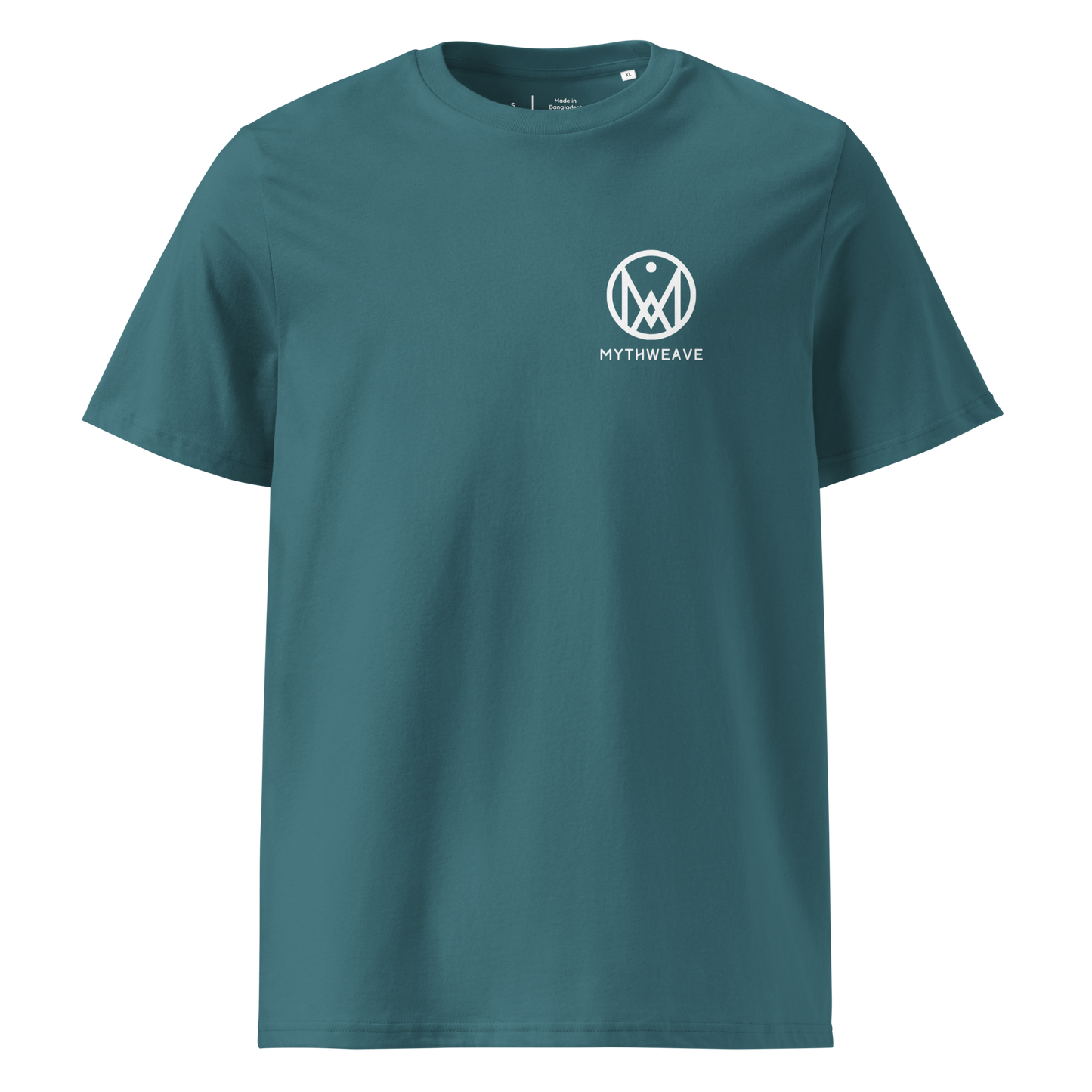 T-shirt homme en coton bio couleur turquoise avec logo MythWeave, à plat de face