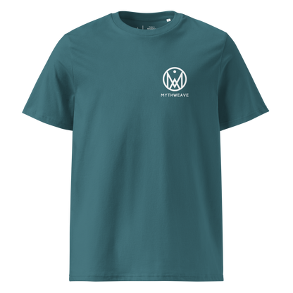 T-shirt homme en coton bio couleur turquoise avec logo MythWeave, à plat de face