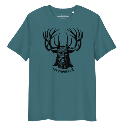 T-shirt unisexe en coton bio couleur bleu avec Dieu Cornu Cernunnos et logo MythWeave à plat de face