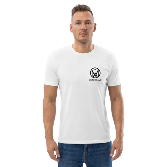 T-shirt unisexe en coton bio couleur blanc avec logo MythWeave porté par un mannequin de face.