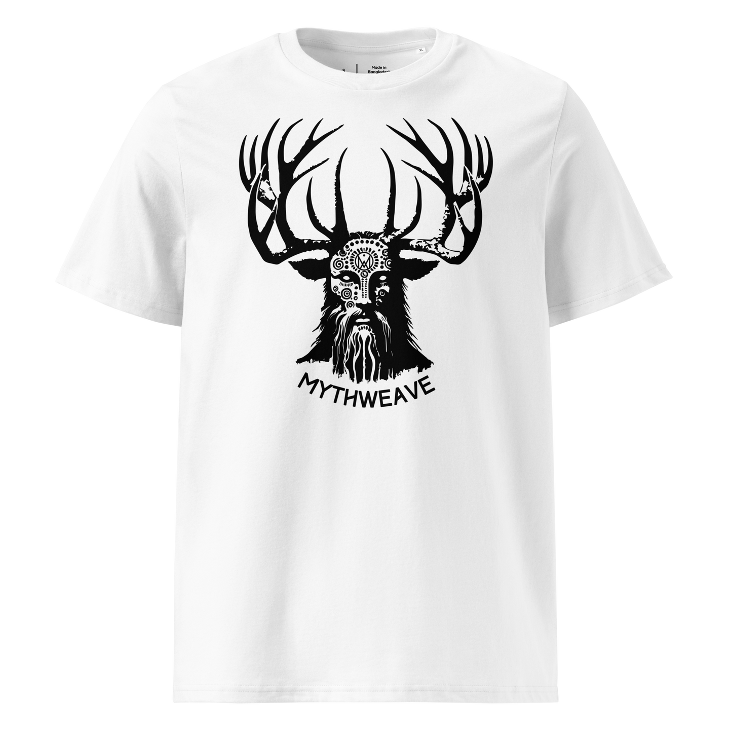 T-shirt homme en coton bio couleur blanc avec Dieu Cornu Cernunnos et logo MythWeave à plat de face