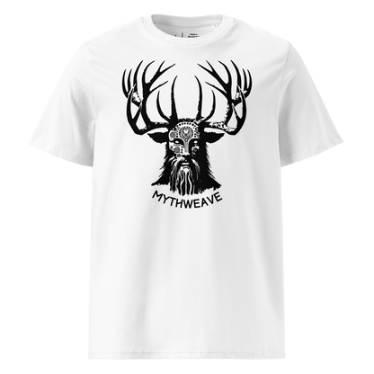 T-shirt homme en coton bio couleur blanc avec Dieu Cornu Cernunnos et logo MythWeave à plat de face