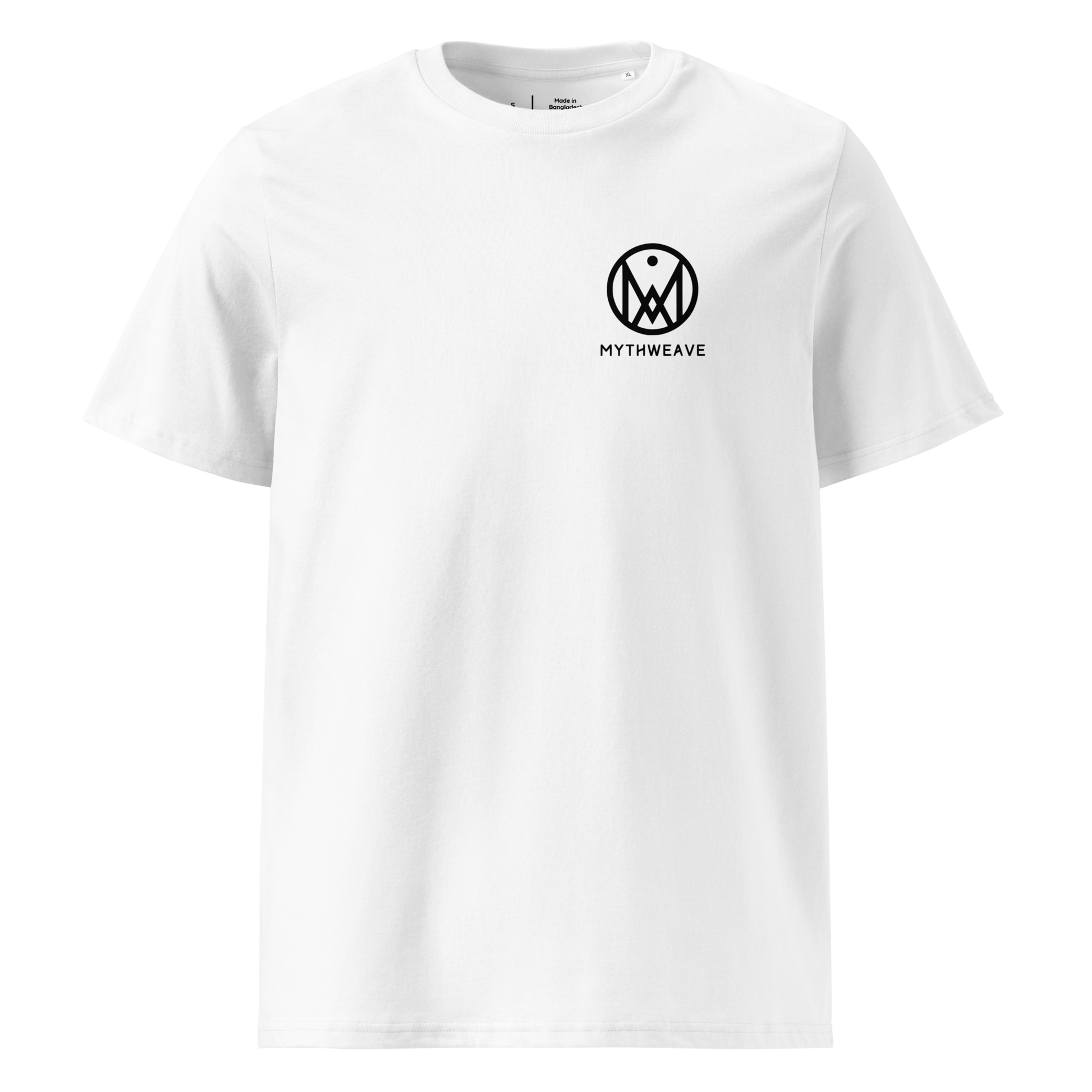 T-shirt unisexe en coton bio couleur blanc avec logo MythWeave, à plat de face