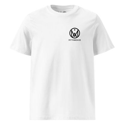 T-shirt unisexe en coton bio couleur blanc avec logo MythWeave, à plat de face