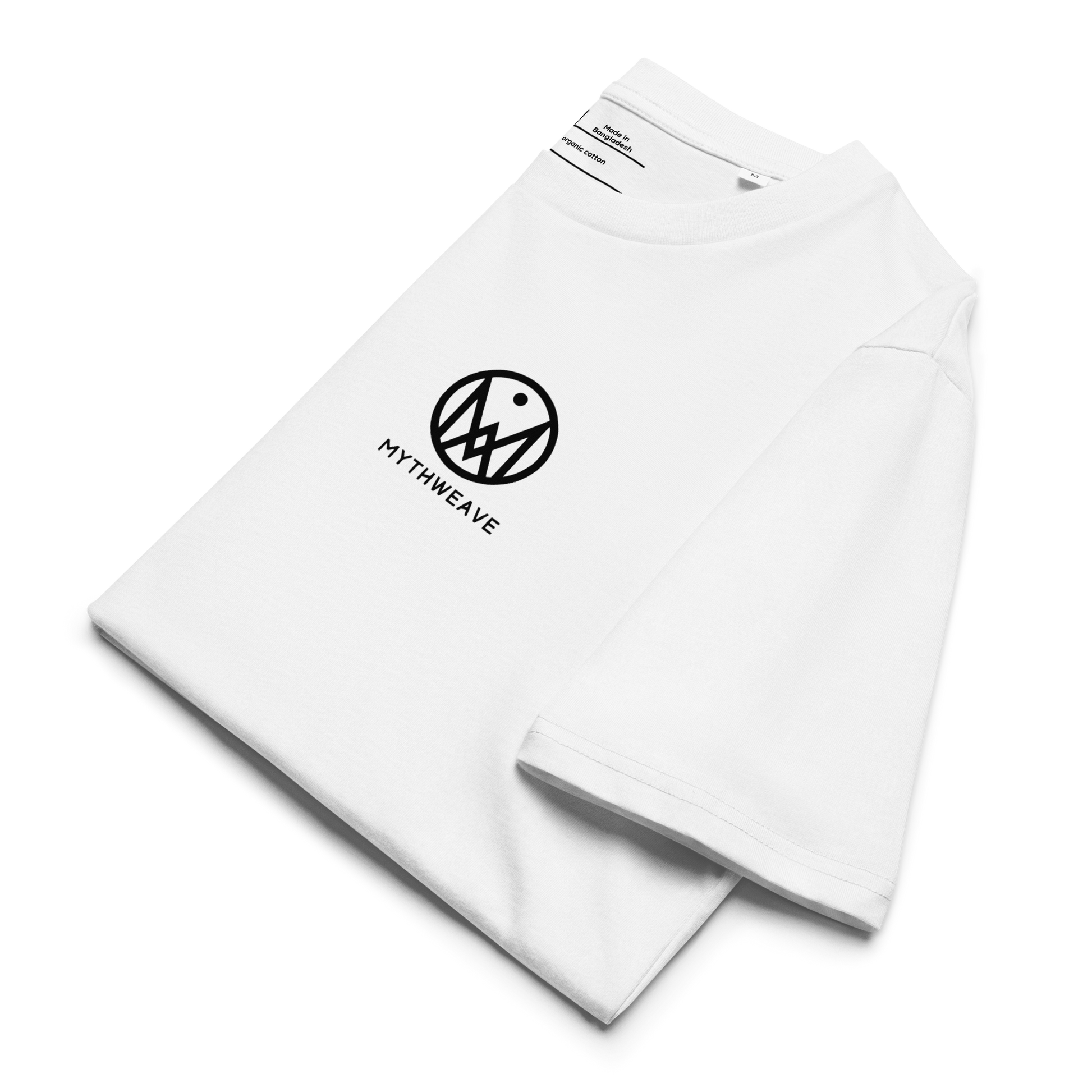 T-shirt unisexe en coton bio couleur blanc avec logo MythWeave, plié