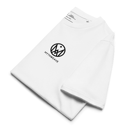 T-shirt unisexe en coton bio couleur blanc avec logo MythWeave, plié