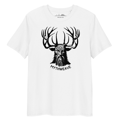 T-shirt unisexe en coton bio couleur blanc avec Dieu Cornu Cernunnos et logo MythWeave à plat de face