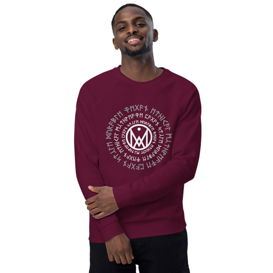 Sweatshirt homme en coton bio couleur bordeaux avec cercle runique MythWeave porté par un mannequin de face