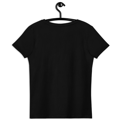 T-shirt femme en coton bio couleur noir avec logo MythWeave à plat de dos