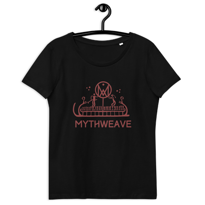 T-shirt femme en coton bio couleur noir avec pétroglyphe Suède Tanum viking mythologie nordique MythWeave à plat de face