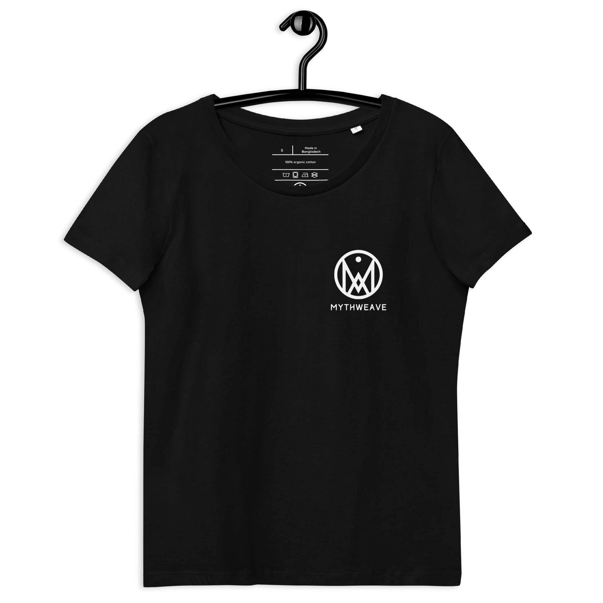 T-shirt femme en coton bio couleur noir avec logo MythWeave, à plat de face