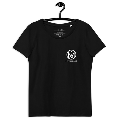 T-shirt femme en coton bio couleur noir avec logo MythWeave, à plat de face