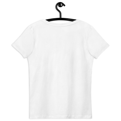 T-shirt femme en coton bio couleur blanc avec logo MythWeave, à plat de dos