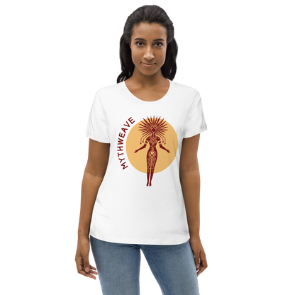 T-shirt femme en coton bio couleur blanc avec déesse du soleil MythWeave porté par un mannequin de face