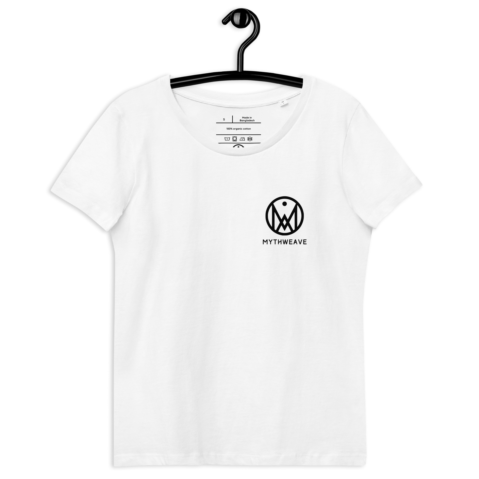 T-shirt femme en coton bio couleur blanc avec logo MythWeave, à plat de face