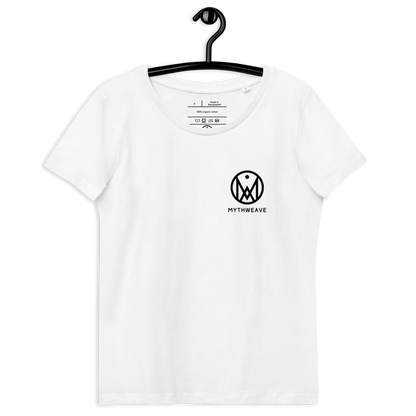 T-shirt femme en coton bio couleur blanc avec logo MythWeave, à plat de face